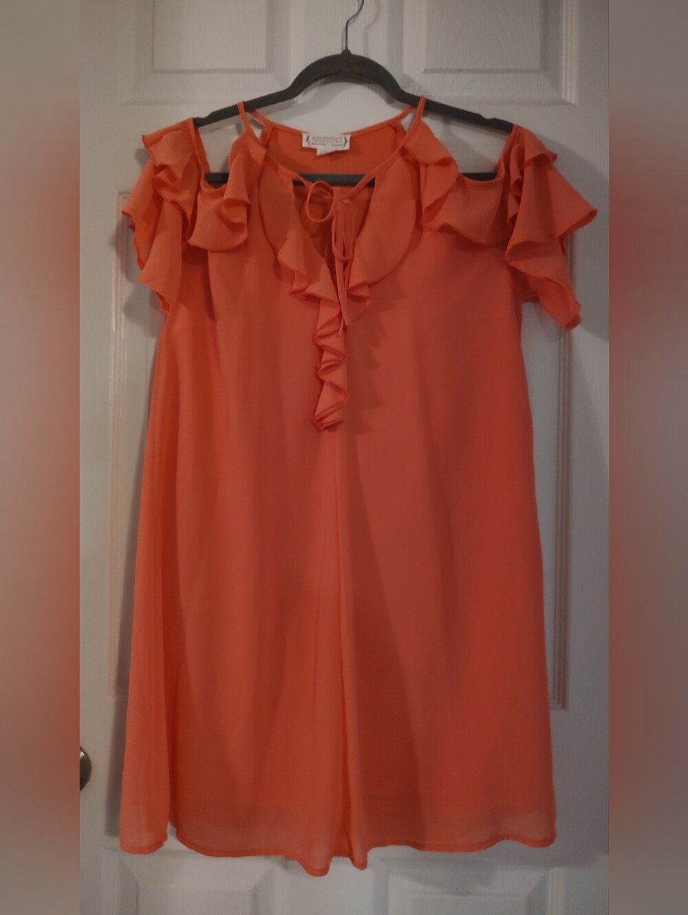 Love Riche Ruffle Cold-Shoulder Tie-Neck Tunic in Coral